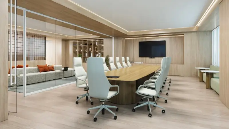 Conference room rendering with a Nienkamper Rowan table and Davis Zen chairs seen through glass, Anomatics