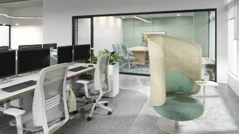 Open plan rendering with a Studio TK Libelle swivel lounge chair beside desks, Anomatics