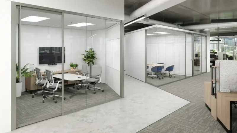 Divider glass meeting rooms rendering with sliding doors and mesh task chairs, Anomatics