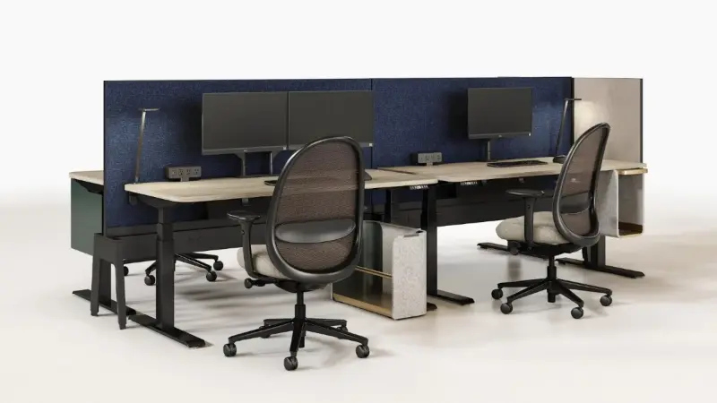 Teknion City Line workstation with Tone chairs rendered on white, Anomatics