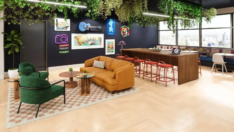 Social lounge rendering with a tan leather sofa, green boucle chairs and a wood cafe island, Anomatics