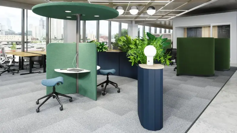 LinkedIn coworking rendering with Leland Bimini panels and BuzziSpace BuzziBrella Focus, Anomatics